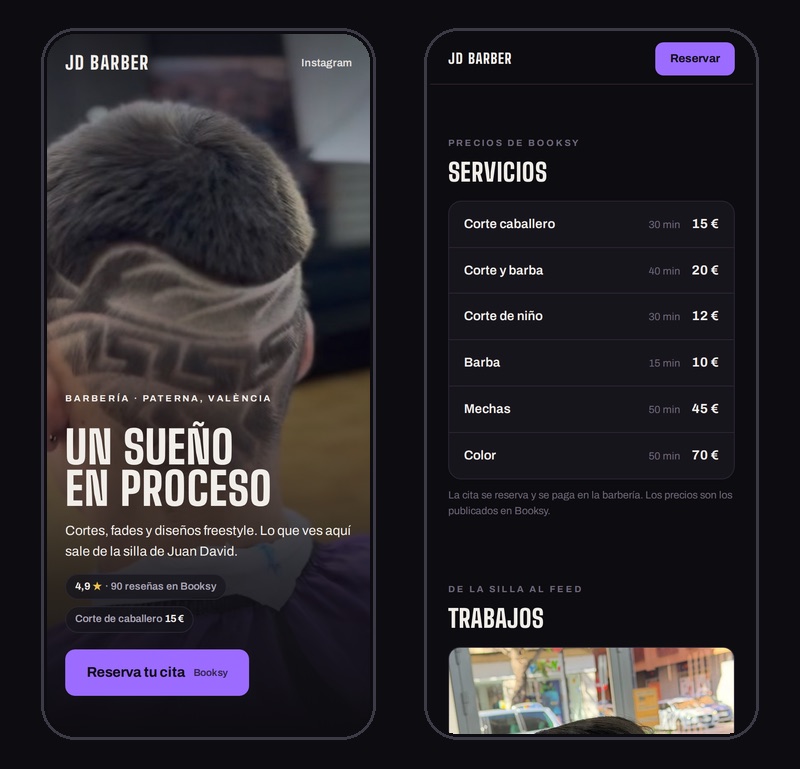La web de JD Barber en el móvil: portada y lista de servicios con precios